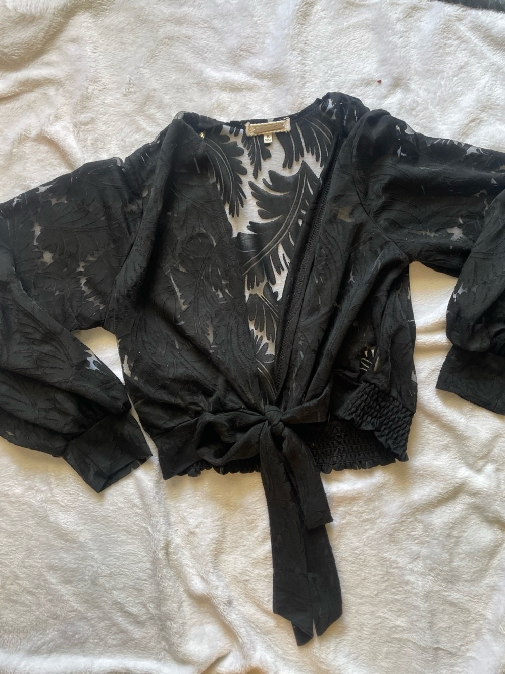 Black Lace Tie Front Crop Top Sz S Sheer Long Sleeve Boho Festival Whimsigoth